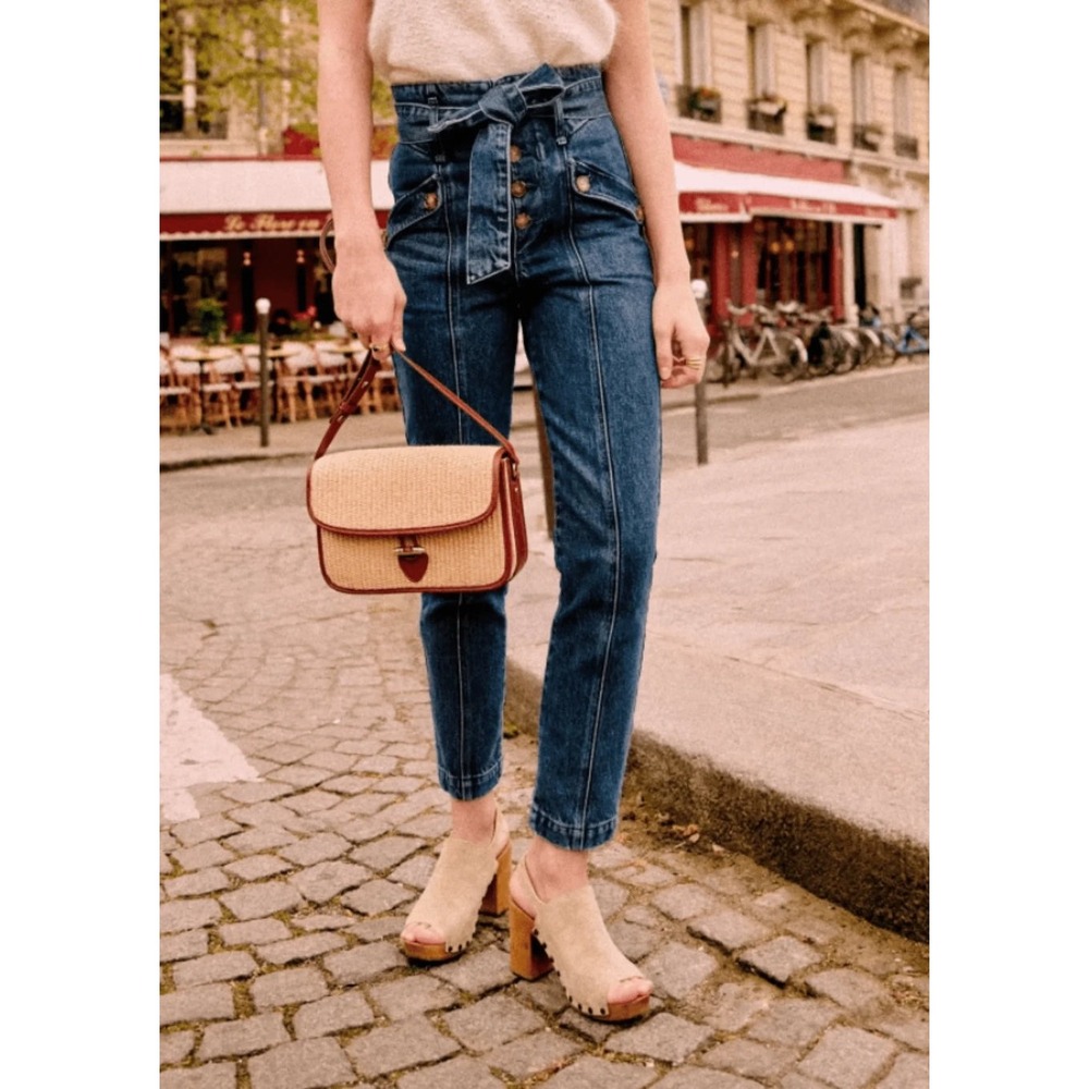 Sezane Maximo Denim Trousers High Waist Paperbag Ankle Length Denim Paris Chic